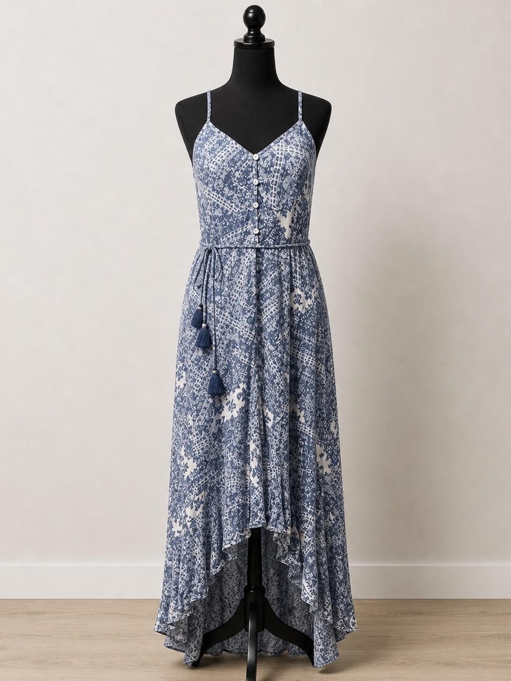Lovestitch Blue Boho Midi Dress Tassel Tie Hi-Low Hem Size S Original Owner